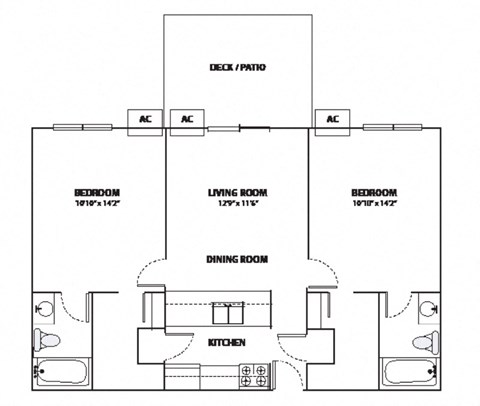 Floor plan for 2 beds, 2 baths, 983 sqft